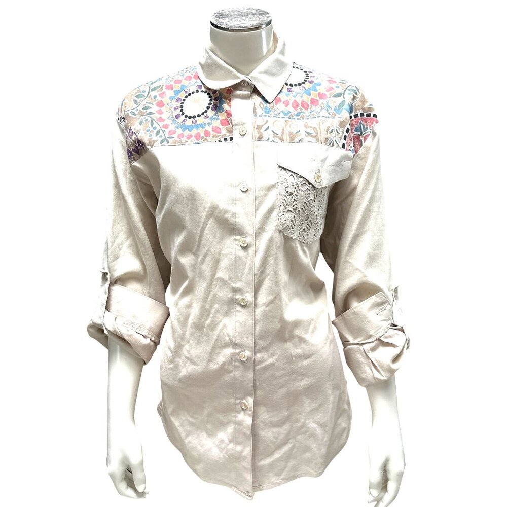 Tapestry Medium Ivory Tan Satin Look Mosaic Yoke Lace Pocket Button Front Blouse - Picture 2 of 10